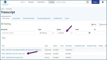 Where to filter courses by status on your transcript